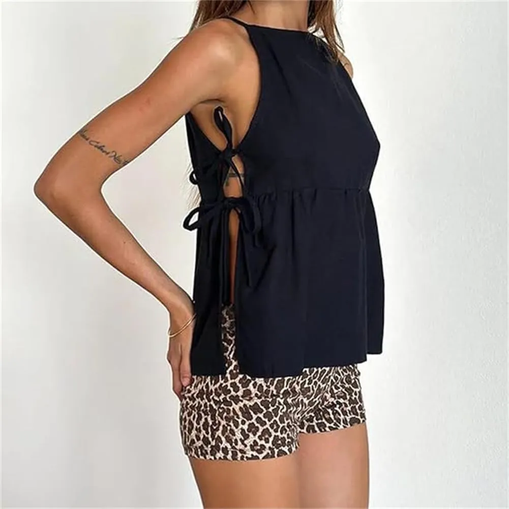 Split Side Crop Top Women Tie Side Tank Top Sleeveless Plaid Floral Print Crewneck Going Out Summer Peplum Shirt