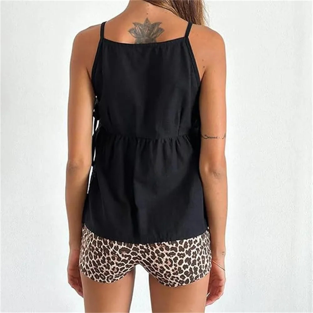 Split Side Crop Top Women Tie Side Tank Top Sleeveless Plaid Floral Print Crewneck Going Out Summer Peplum Shirt
