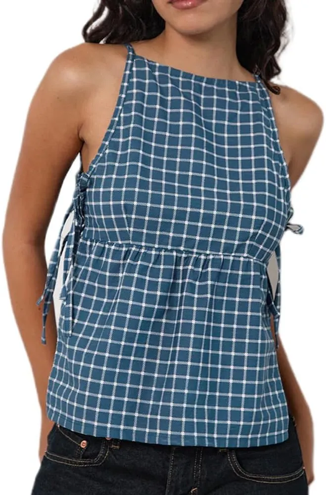 Split Side Crop Top Women Tie Side Tank Top Sleeveless Plaid Floral Print Crewneck Going Out Summer Peplum Shirt