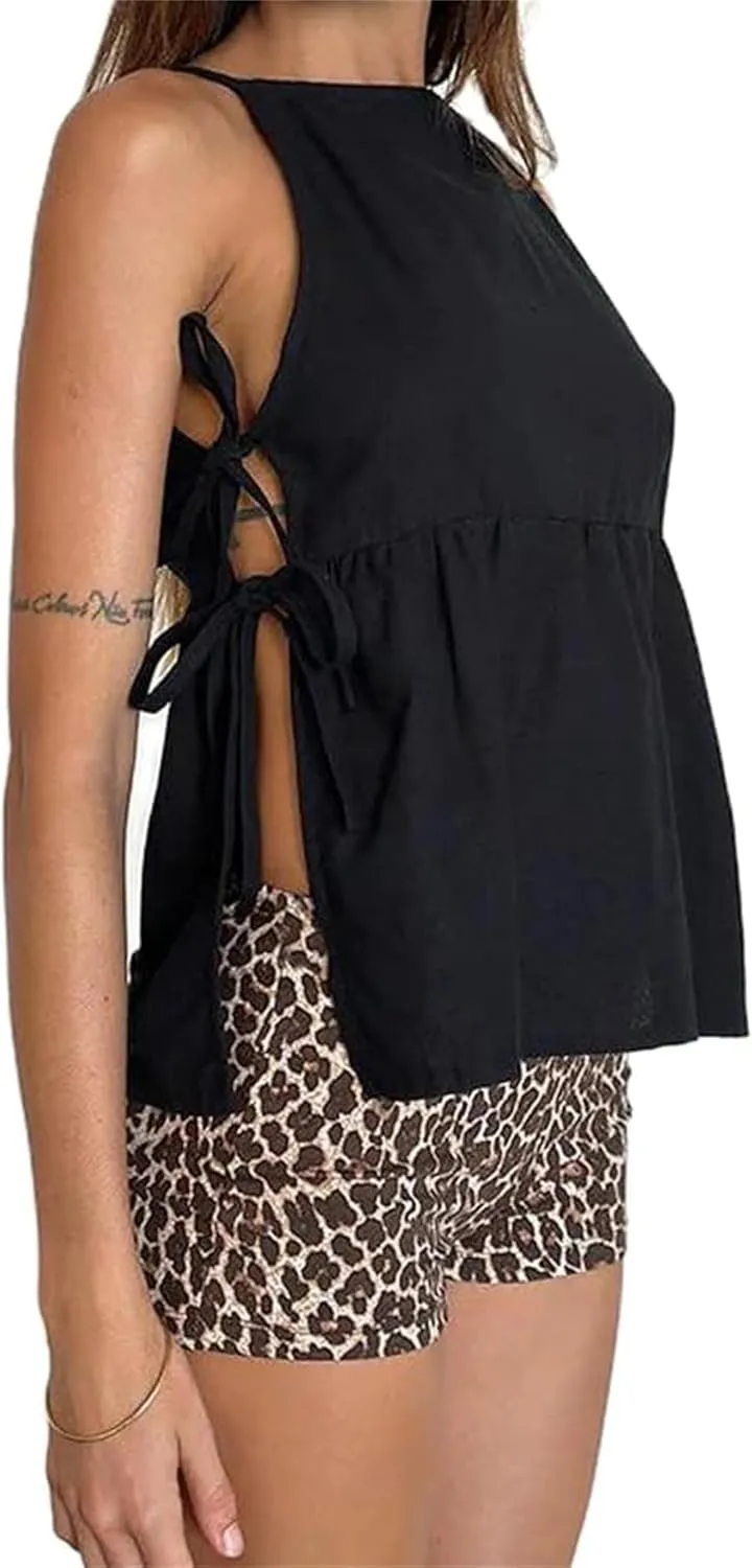 Split Side Crop Top Women Tie Side Tank Top Sleeveless Plaid Floral Print Crewneck Going Out Summer Peplum Shirt
