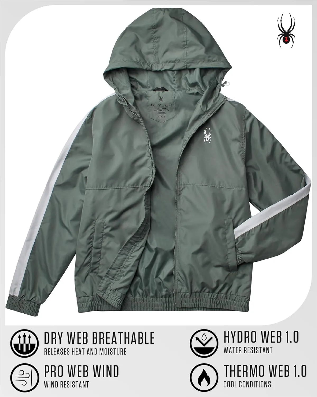 Spyder Mens Windbreaker Jacket - Lightweight Wind & Water-Resistant Hooded Zip Up Jacket for Travel Running Golf & Daily Wear