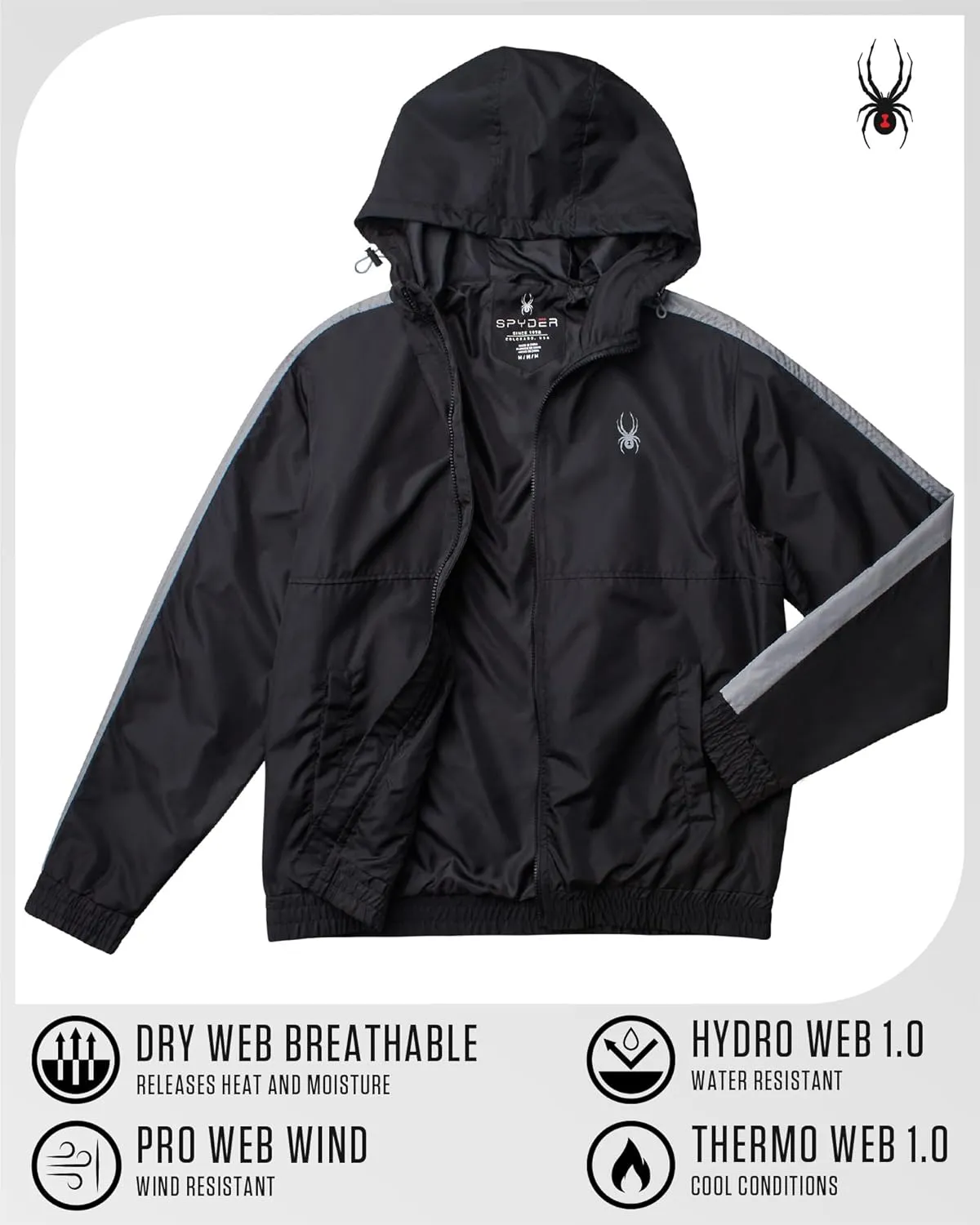 Spyder Mens Windbreaker Jacket - Lightweight Wind & Water-Resistant Hooded Zip Up Jacket for Travel Running Golf & Daily Wear