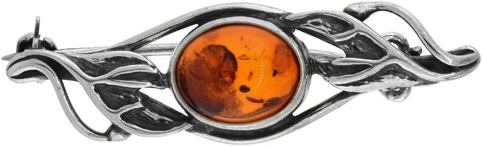 Sterling Silver Baltic Amber Oval Brooch Pin for Women Antiqued Finish Approx. 1 1/2 inch Wide