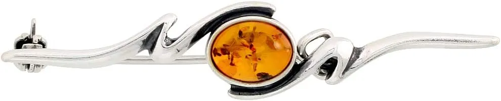 Sterling Silver Baltic Amber Oval Cabochon Brooch Pin for Women Antiqued Finish Approx. 1 15/16 inch Wide