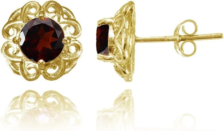 Sterling Silver Garnet Round Filigree Stud Earrings