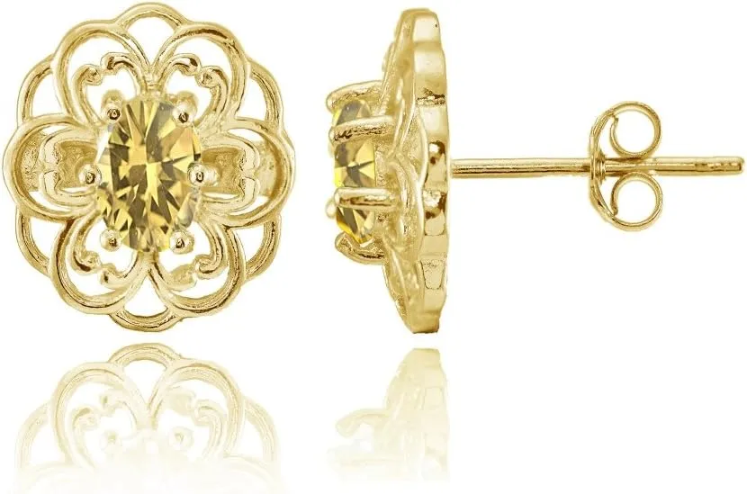 Sterling Silver or Yellow Gold Flashed Gemstone Filigree Flower Stud Earrings