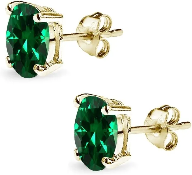 Sterling Silver Oval-Cut Solitaire Simulated Emerald Stud Earrings for Women Bridesmaids