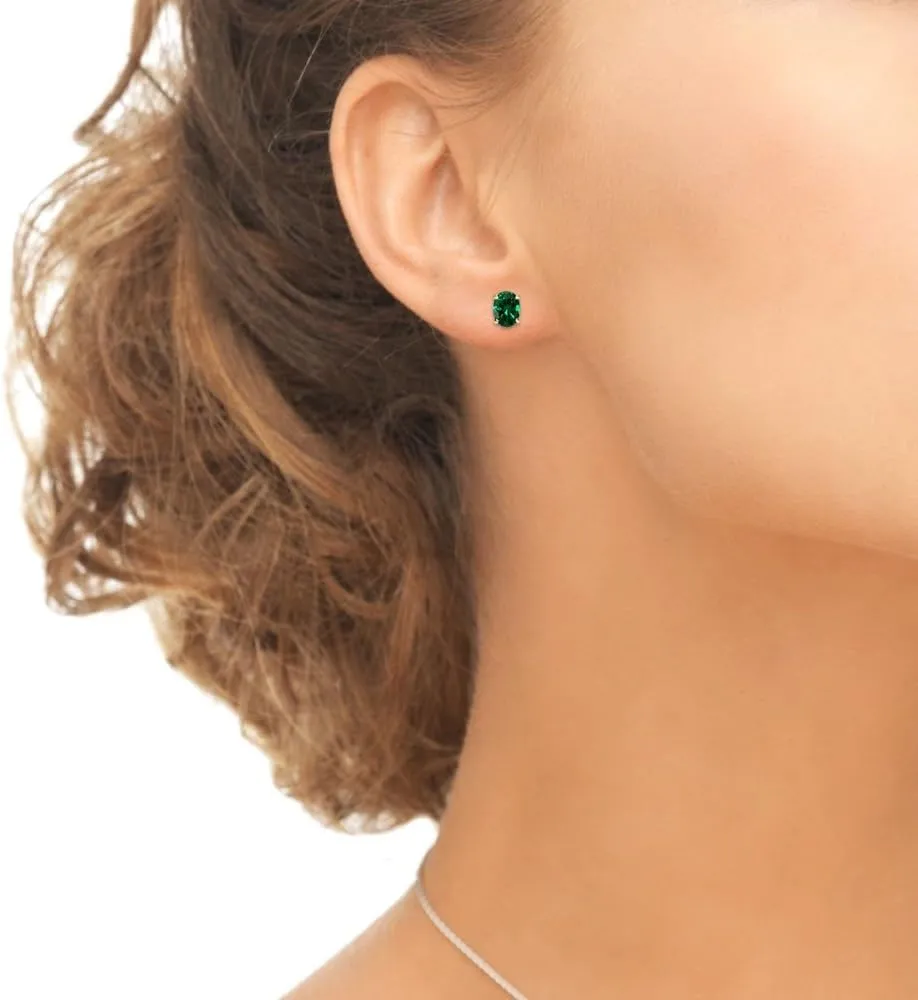 Sterling Silver Oval-Cut Solitaire Simulated Emerald Stud Earrings for Women Bridesmaids