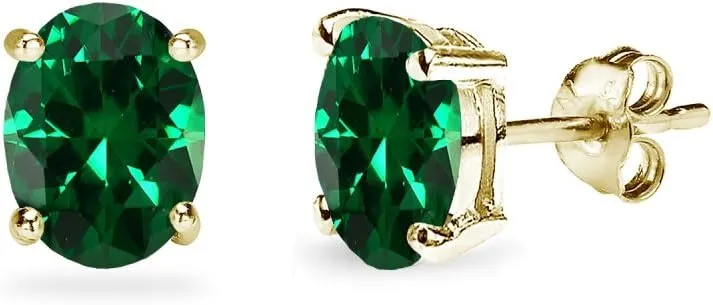 Sterling Silver Oval-Cut Solitaire Simulated Emerald Stud Earrings for Women Bridesmaids