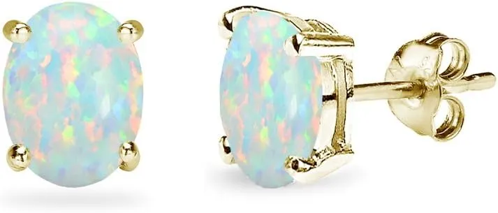 Sterling Silver Synthetic Opal Oval-Cut Solitaire Stud Earrings for Women
