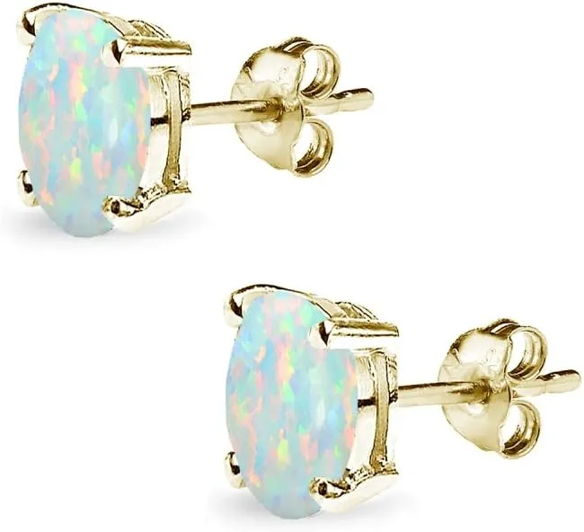 Sterling Silver Synthetic Opal Oval-Cut Solitaire Stud Earrings for Women