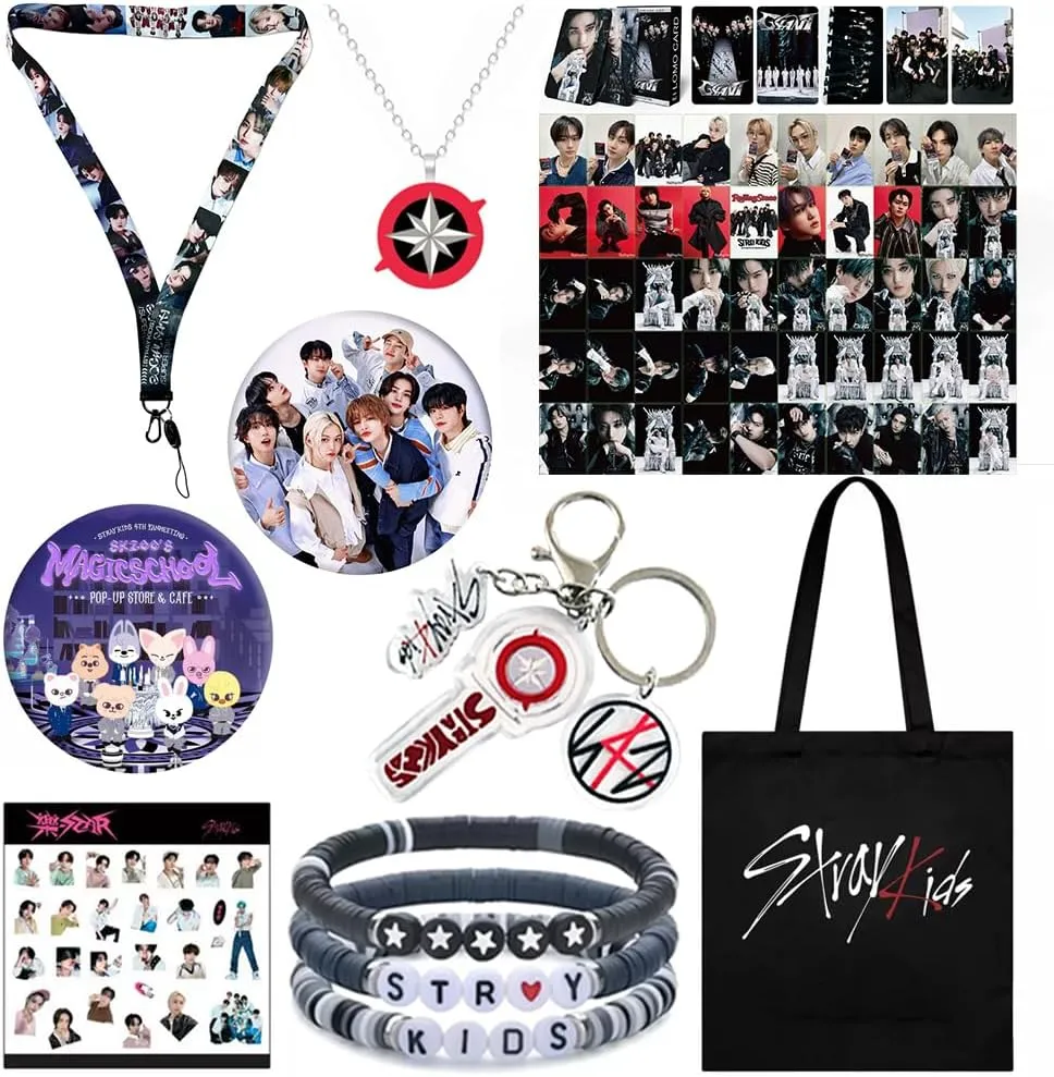 StrayKids Kpop Merch Gifts Set, Including SKZ Photocards, Canvas Bag, Necklace, Keychain, Bracelet, Stickers, ID Phone Lanyard, Badge for Concert Accessories Stay Fans