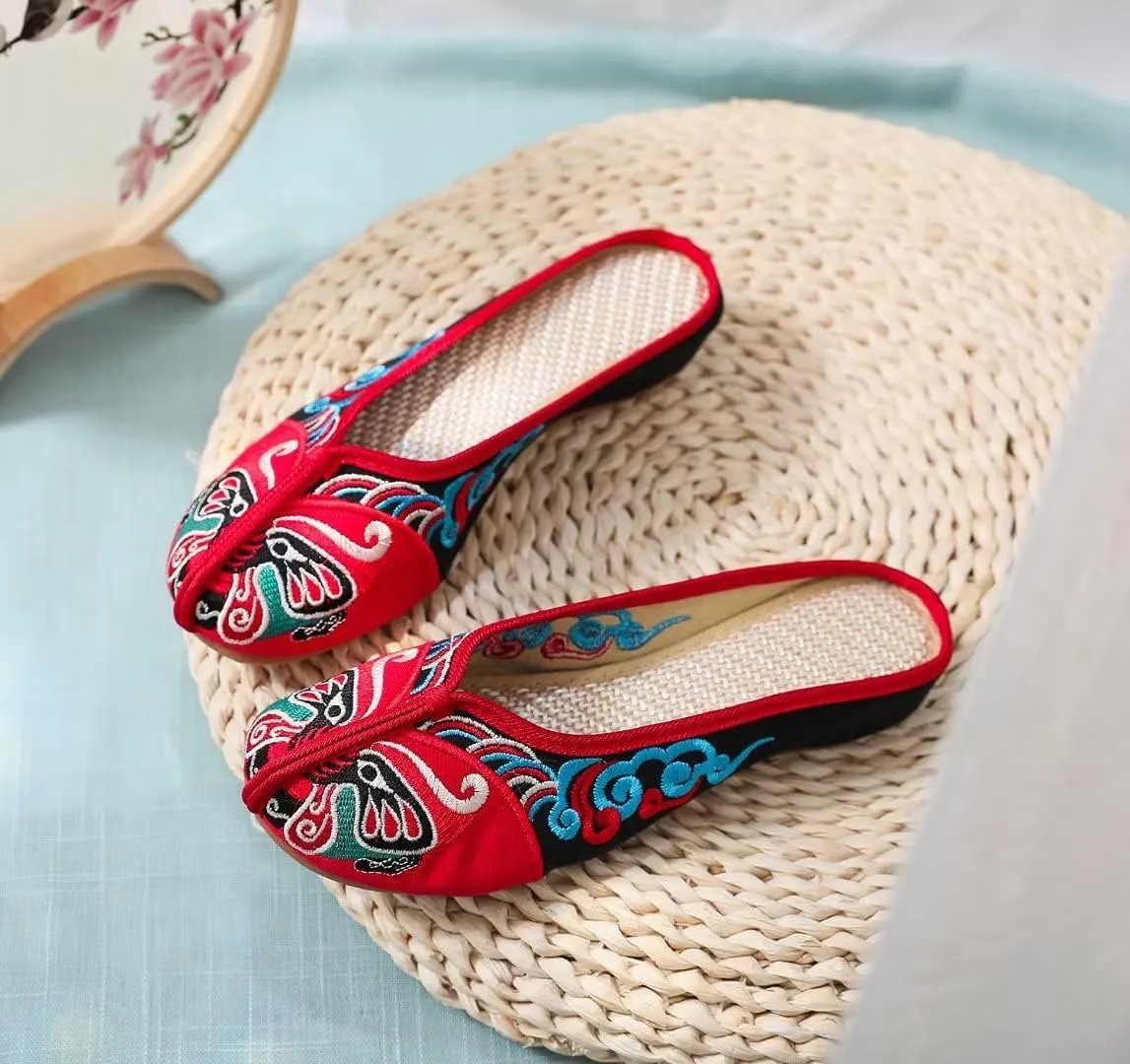 Stunner Flat Mules for Women Round Toe Vintage Embroidered Slip on Loafers Backless Mules