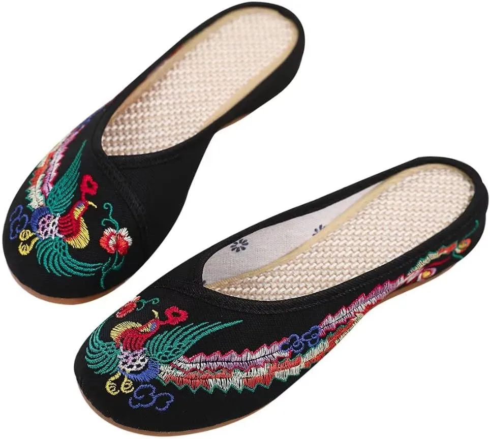 Stunner Flat Mules for Women Round Toe Vintage Embroidered Slip on Loafers Backless Mules