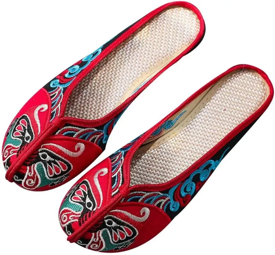 Stunner Flat Mules for Women Round Toe Vintage Embroidered Slip on Loafers Backless Mules