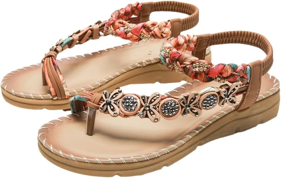 Summer Dressy Womens Sandals: Bohemian Comfortable Flats Shoes Elastic Ankle Strap Walking Beach Sandals
