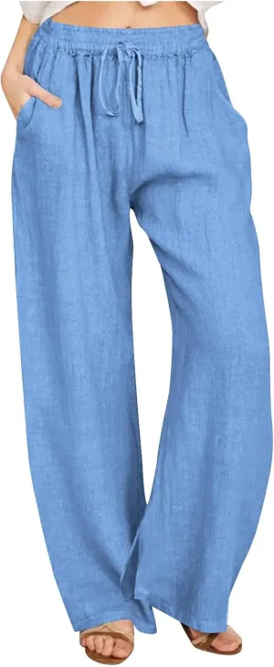 Summer Pants for Women Boho Wide Leg Lounge Pant Beach High Waist Cotton Linen Trouser Casual Palazzo Pants
