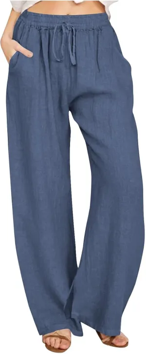 Summer Pants for Women Boho Wide Leg Lounge Pant Beach High Waist Cotton Linen Trouser Casual Palazzo Pants