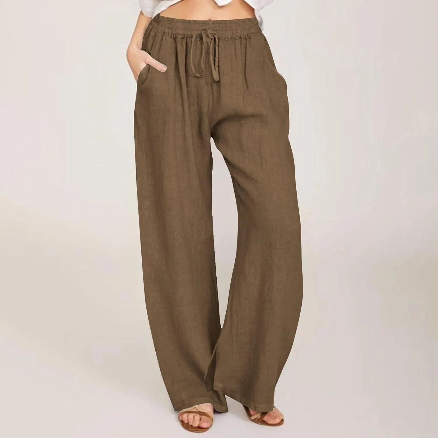 Summer Pants for Women Boho Wide Leg Lounge Pant Beach High Waist Cotton Linen Trouser Casual Palazzo Pants
