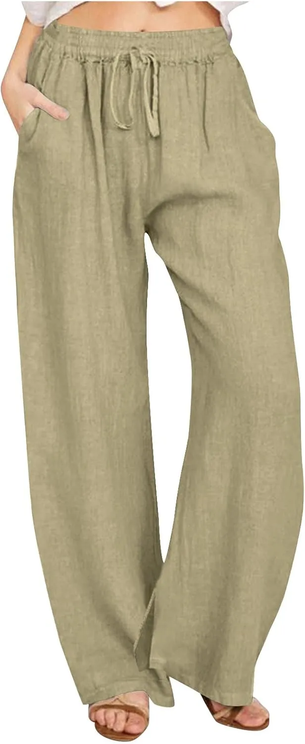 Summer Pants for Women Boho Wide Leg Lounge Pant Beach High Waist Cotton Linen Trouser Casual Palazzo Pants