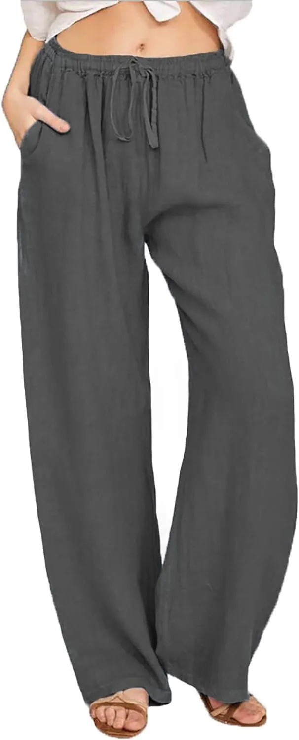 Summer Pants for Women Boho Wide Leg Lounge Pant Beach High Waist Cotton Linen Trouser Casual Palazzo Pants