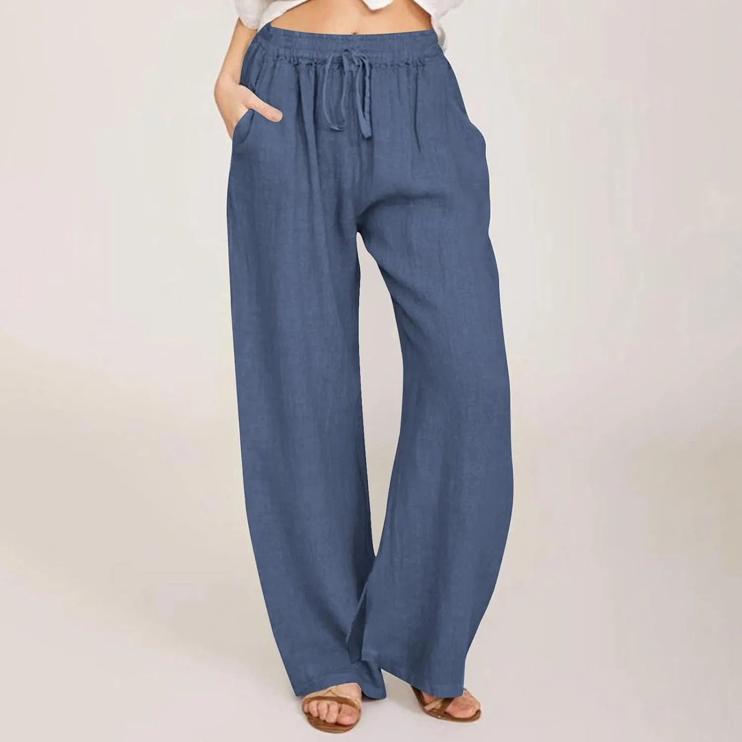 Summer Pants for Women Boho Wide Leg Lounge Pant Beach High Waist Cotton Linen Trouser Casual Palazzo Pants