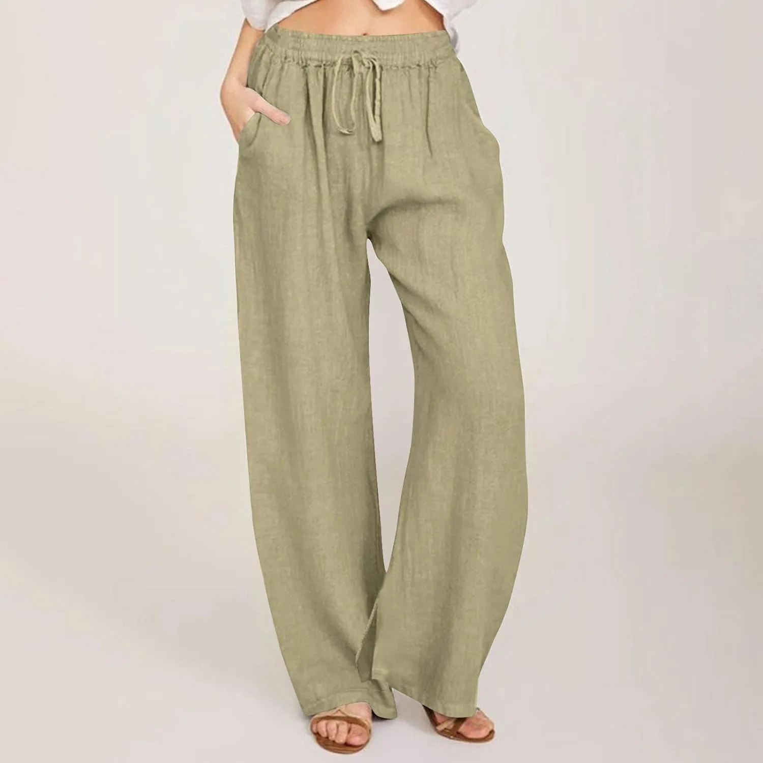 Summer Pants for Women Boho Wide Leg Lounge Pant Beach High Waist Cotton Linen Trouser Casual Palazzo Pants