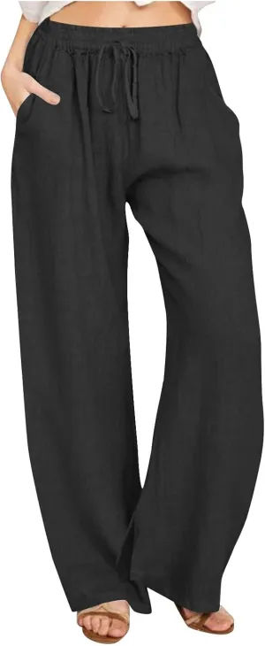 Summer Pants for Women Boho Wide Leg Lounge Pant Beach High Waist Cotton Linen Trouser Casual Palazzo Pants