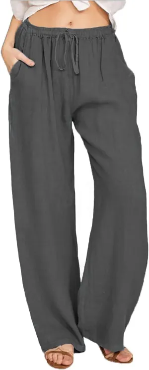 Summer Pants for Women Boho Wide Leg Lounge Pant Beach High Waist Cotton Linen Trouser Casual Palazzo Pants