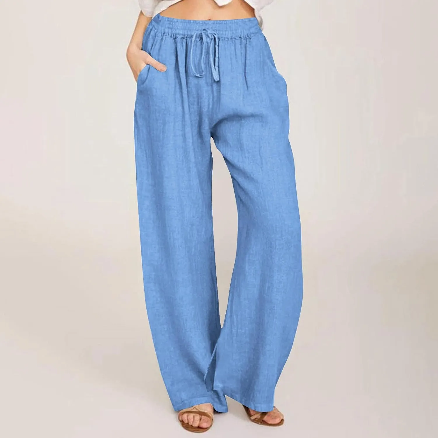 Summer Pants for Women Boho Wide Leg Lounge Pant Beach High Waist Cotton Linen Trouser Casual Palazzo Pants