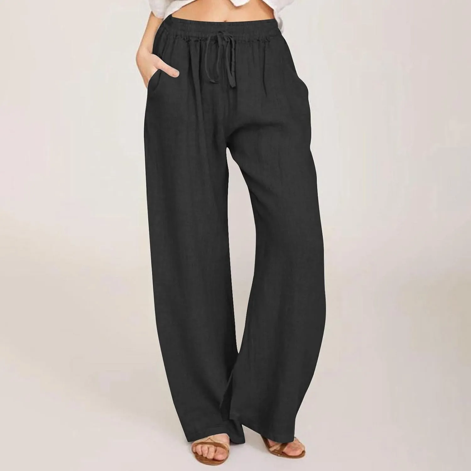 Summer Pants for Women Boho Wide Leg Lounge Pant Beach High Waist Cotton Linen Trouser Casual Palazzo Pants