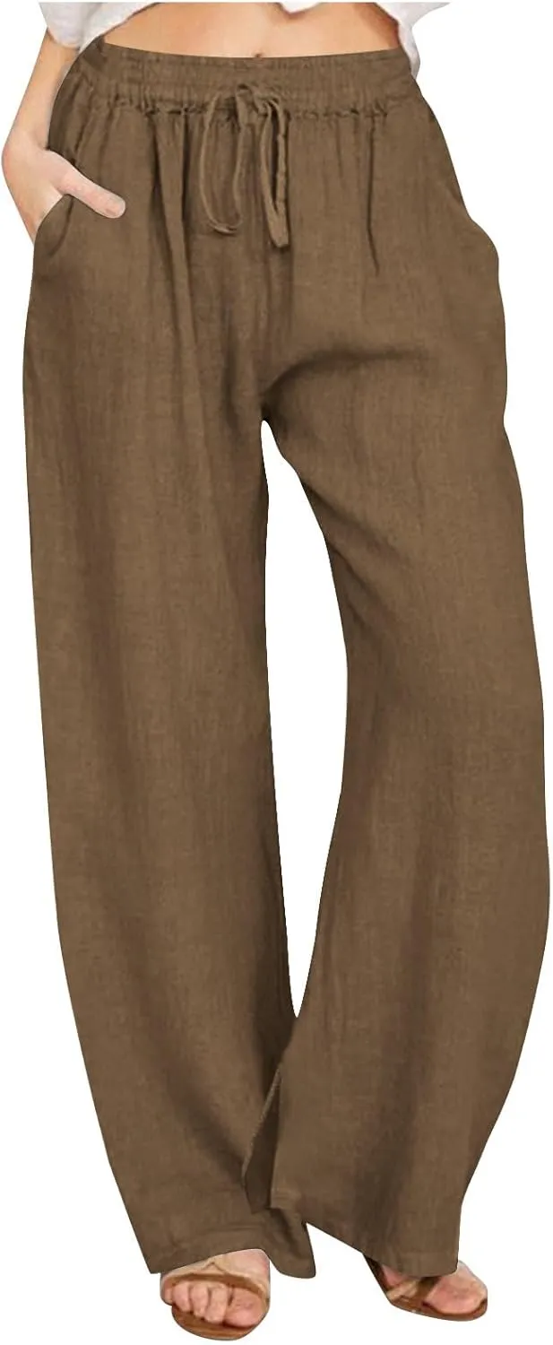 Summer Pants for Women Boho Wide Leg Lounge Pant Beach High Waist Cotton Linen Trouser Casual Palazzo Pants