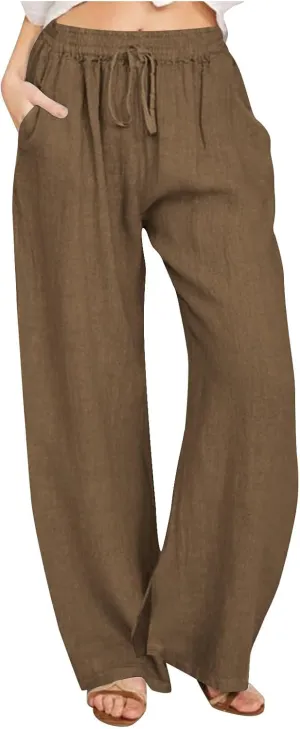 Summer Pants for Women Boho Wide Leg Lounge Pant Beach High Waist Cotton Linen Trouser Casual Palazzo Pants