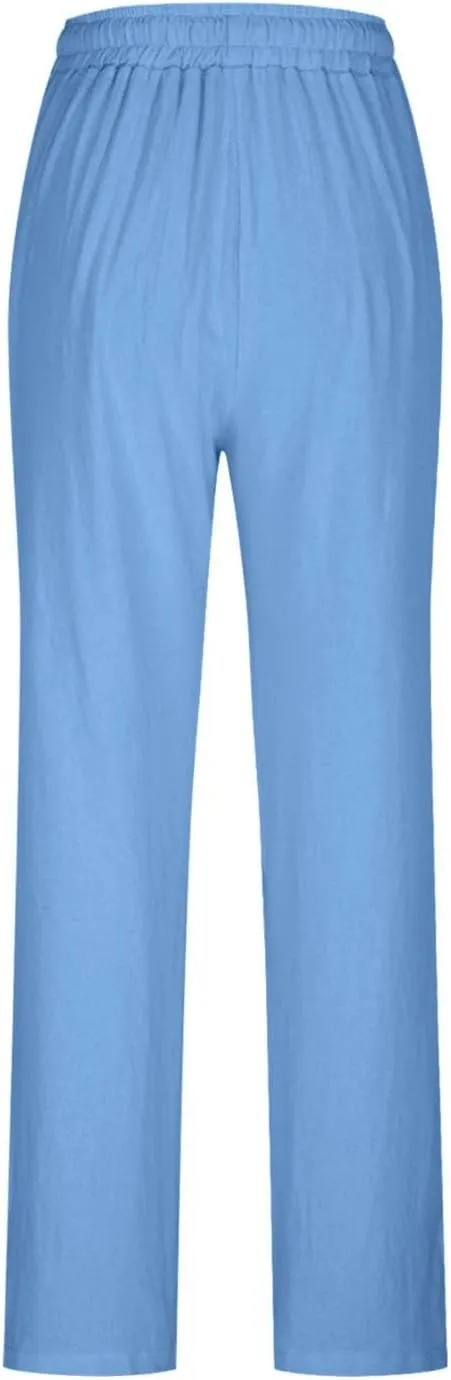 Summer Pants for Women Boho Wide Leg Lounge Pant Beach High Waist Cotton Linen Trouser Casual Palazzo Pants
