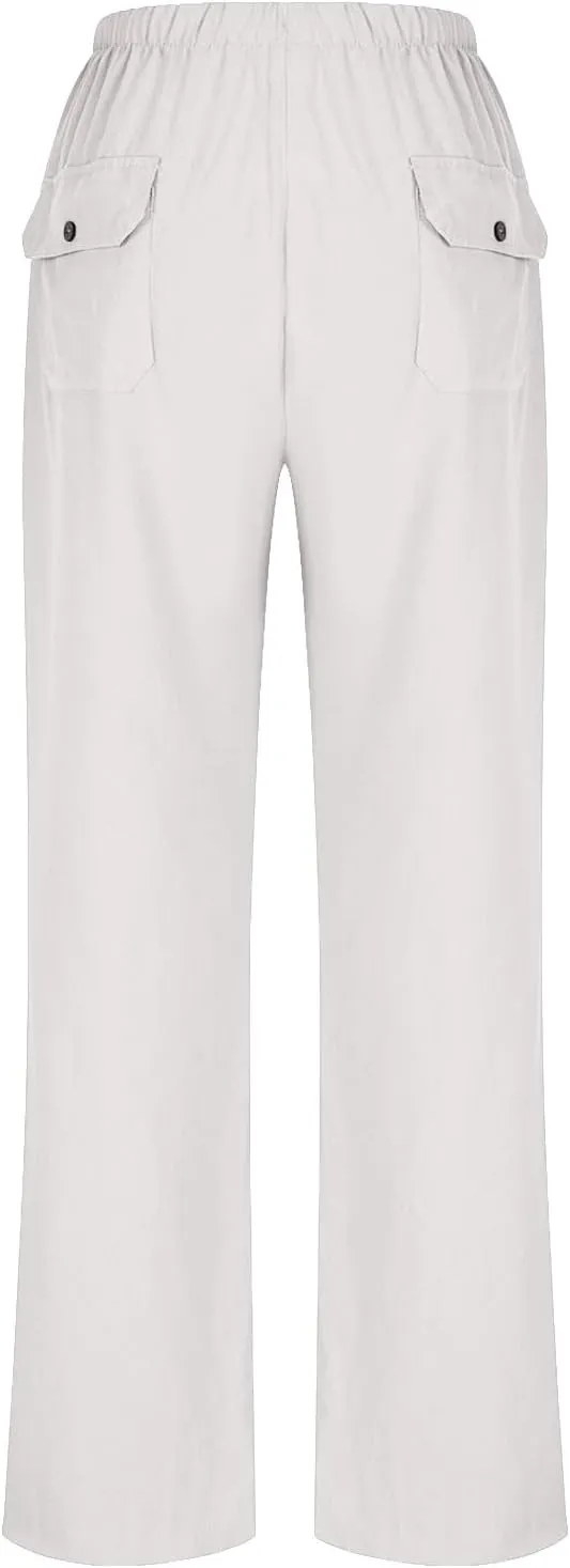 Summer Pants for Women Plus Size Cotton Linen Pant High Waisted Drawstring Wide Leg Lounge Trousers with Pockets