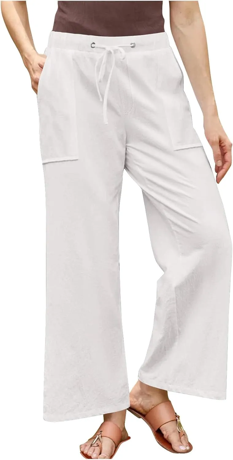 Summer Pants for Women Plus Size Cotton Linen Pant High Waisted Drawstring Wide Leg Lounge Trousers with Pockets