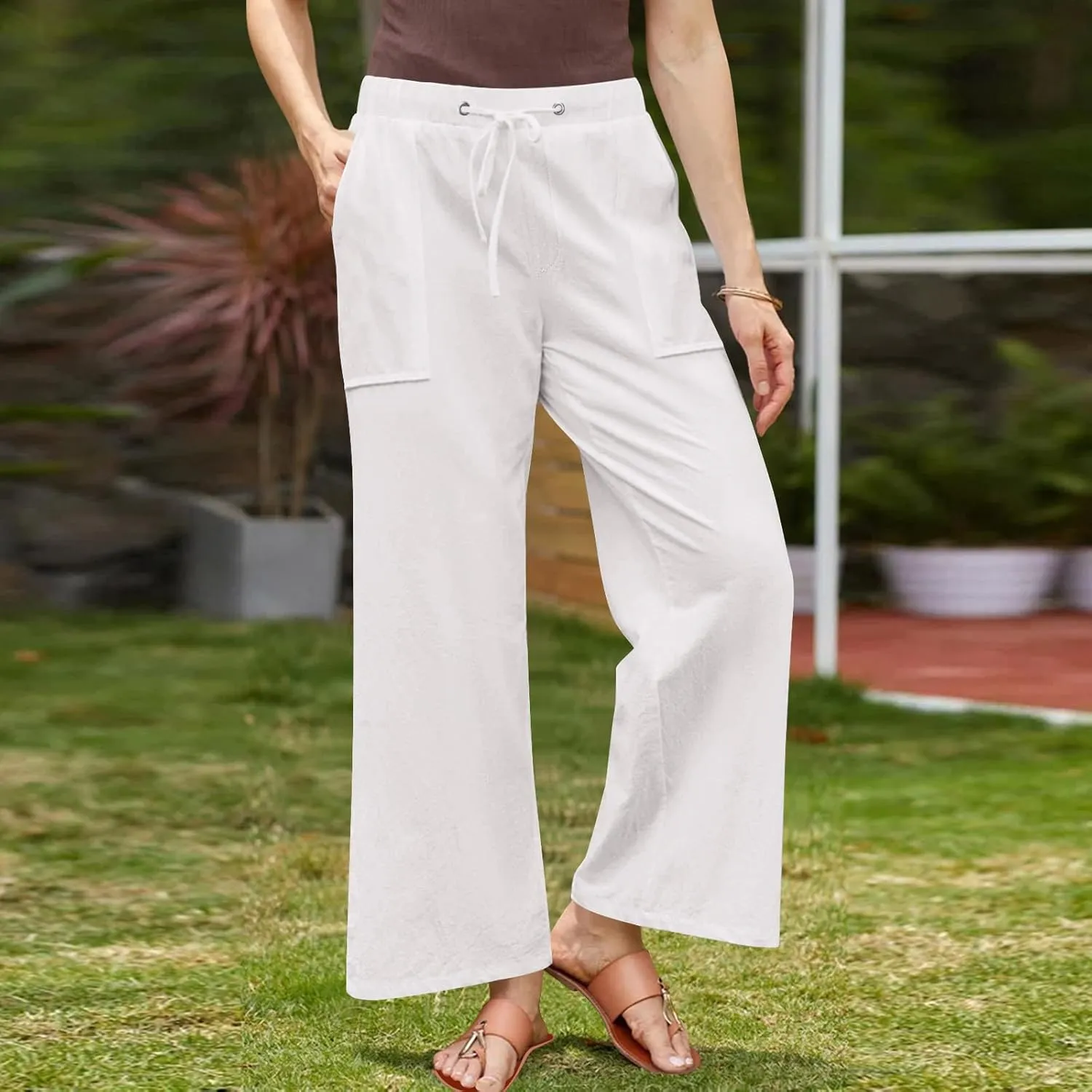 Summer Pants for Women Plus Size Cotton Linen Pant High Waisted Drawstring Wide Leg Lounge Trousers with Pockets