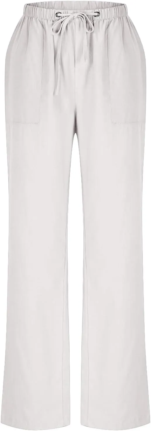 Summer Pants for Women Plus Size Cotton Linen Pant High Waisted Drawstring Wide Leg Lounge Trousers with Pockets