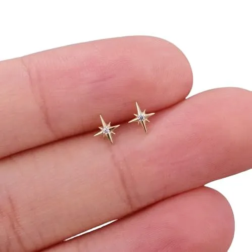 Super Tiny Stud Earrings with CZ Crystals, Super Tiny Star Sterling Silver Earrings with Push Backs, Second Earlobe (ROSE GOLD PLATING)