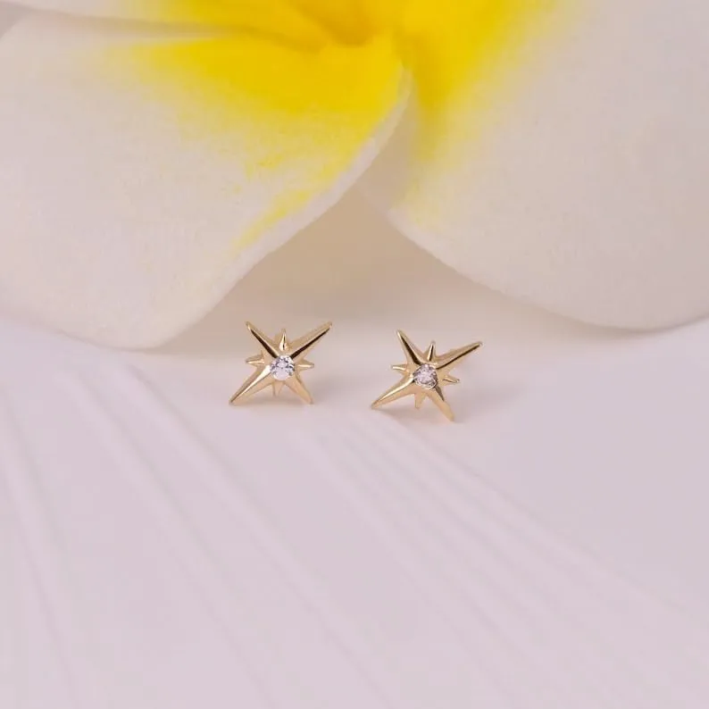 Super Tiny Stud Earrings with CZ Crystals, Super Tiny Star Sterling Silver Earrings with Push Backs, Second Earlobe (ROSE GOLD PLATING)