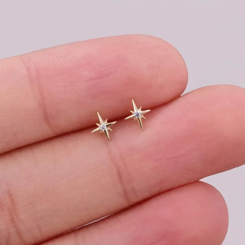 Super Tiny Stud Earrings with CZ Crystals, Super Tiny Star Sterling Silver Earrings with Push Backs, Second Earlobe (ROSE GOLD PLATING)