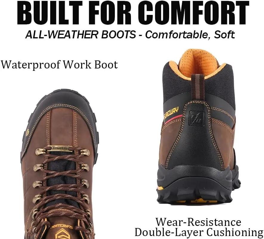 SUREWAY Men's 6" Soft/Steel Toe Heavy Duty Waterproof Work Boot,Roofing,Hunting,Leather,Lace Up,EH Construction Industrial Ankle Safety Men Work Boots,Slip Resistant Comfortable Outsole