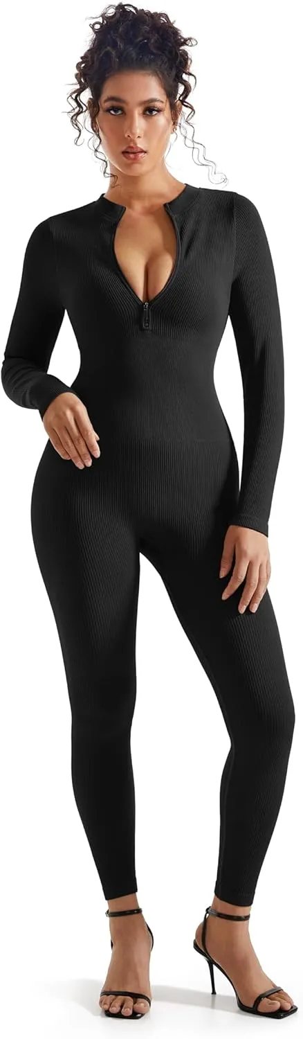 SUUKSESS Women Long Sleeve Ribbed Jumpsuit Zip up Front Workout Bodycon Romper