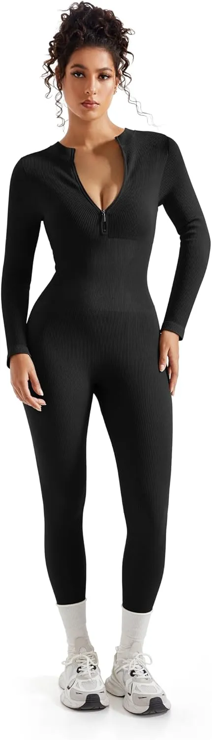 SUUKSESS Women Long Sleeve Ribbed Jumpsuit Zip up Front Workout Bodycon Romper