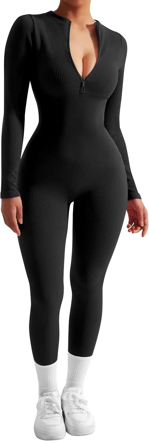SUUKSESS Women Long Sleeve Ribbed Jumpsuit Zip up Front Workout Bodycon Romper