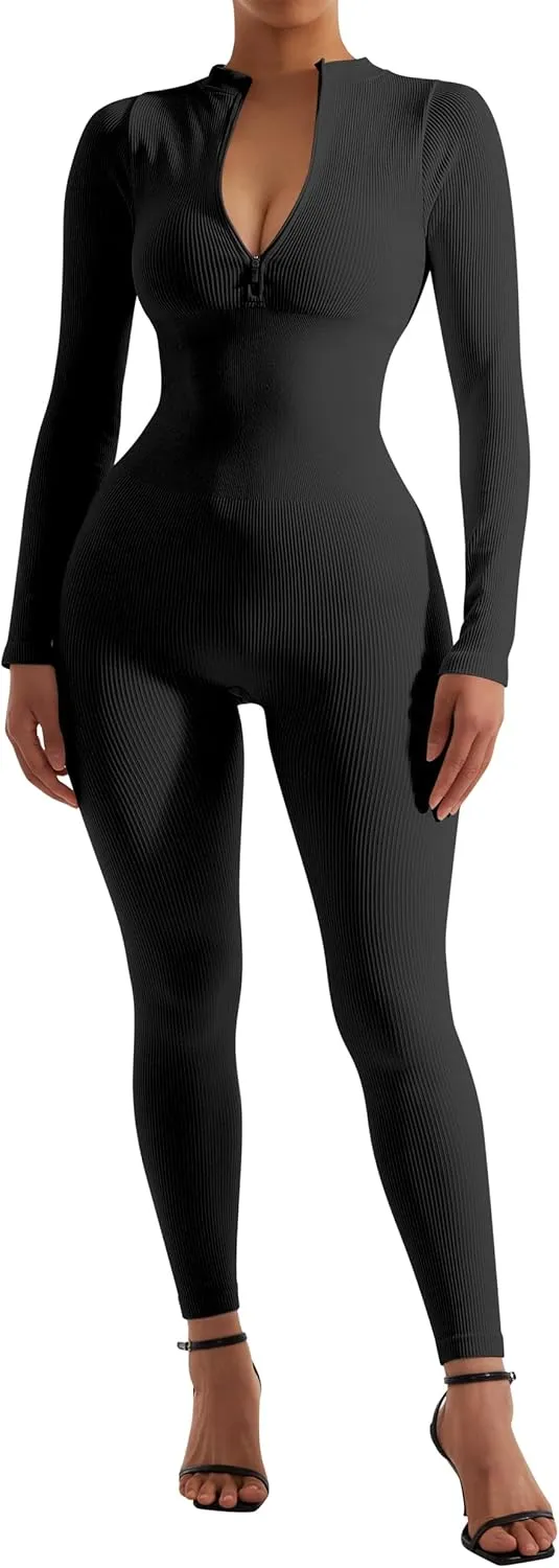 SUUKSESS Women Long Sleeve Ribbed Jumpsuit Zip up Front Workout Bodycon Romper