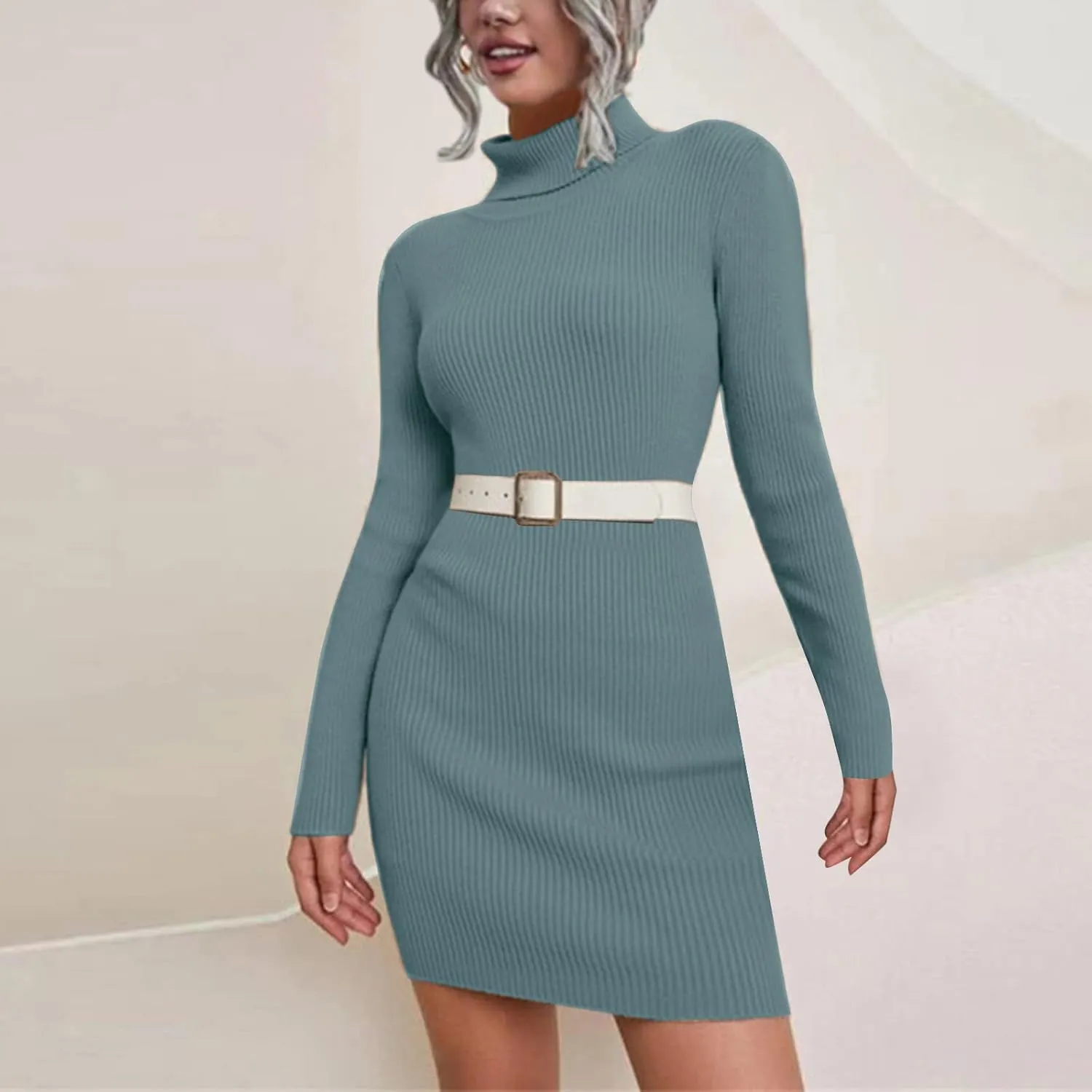 Sweater Dress for Women 2024 Trendy, Turtleneck Long Sleeve Ribbed Knit Bodycon Mini Dress Slim Fit Short Dress