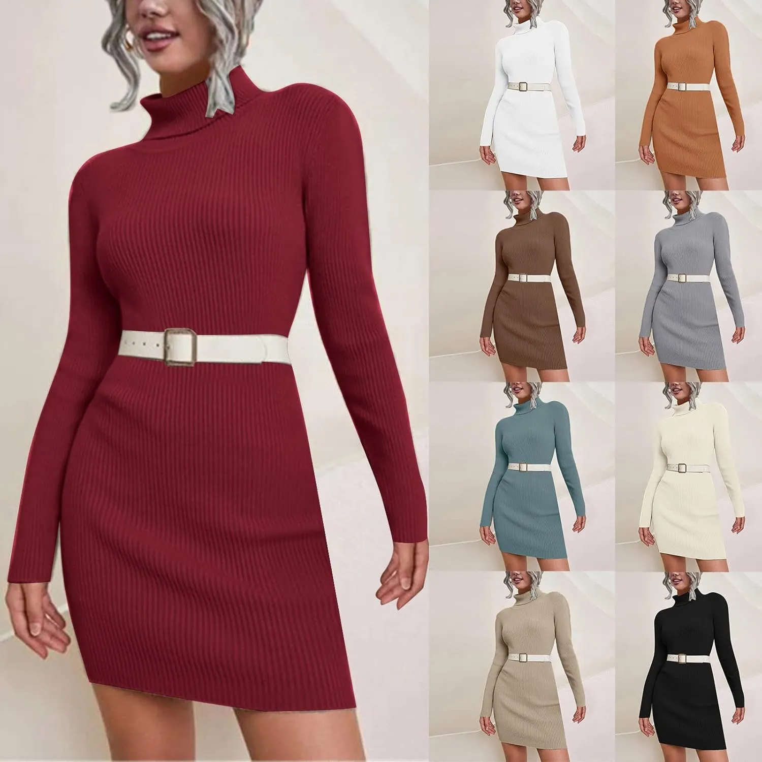 Sweater Dress for Women 2024 Trendy, Turtleneck Long Sleeve Ribbed Knit Bodycon Mini Dress Slim Fit Short Dress
