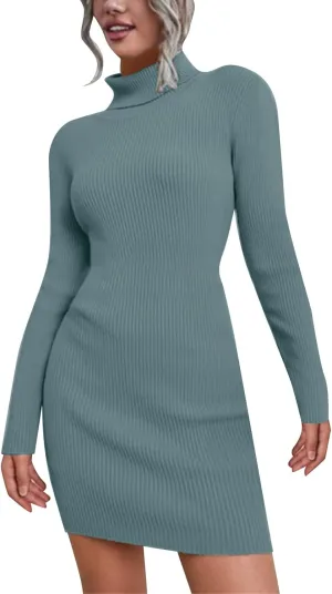 Sweater Dress for Women 2024 Trendy, Turtleneck Long Sleeve Ribbed Knit Bodycon Mini Dress Slim Fit Short Dress