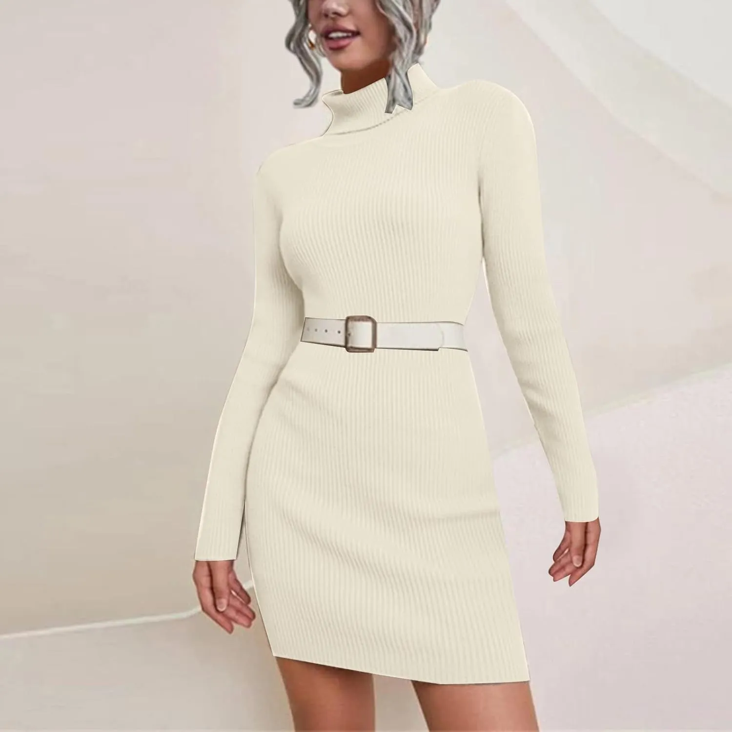 Sweater Dress for Women 2024 Trendy, Turtleneck Long Sleeve Ribbed Knit Bodycon Mini Dress Slim Fit Short Dress